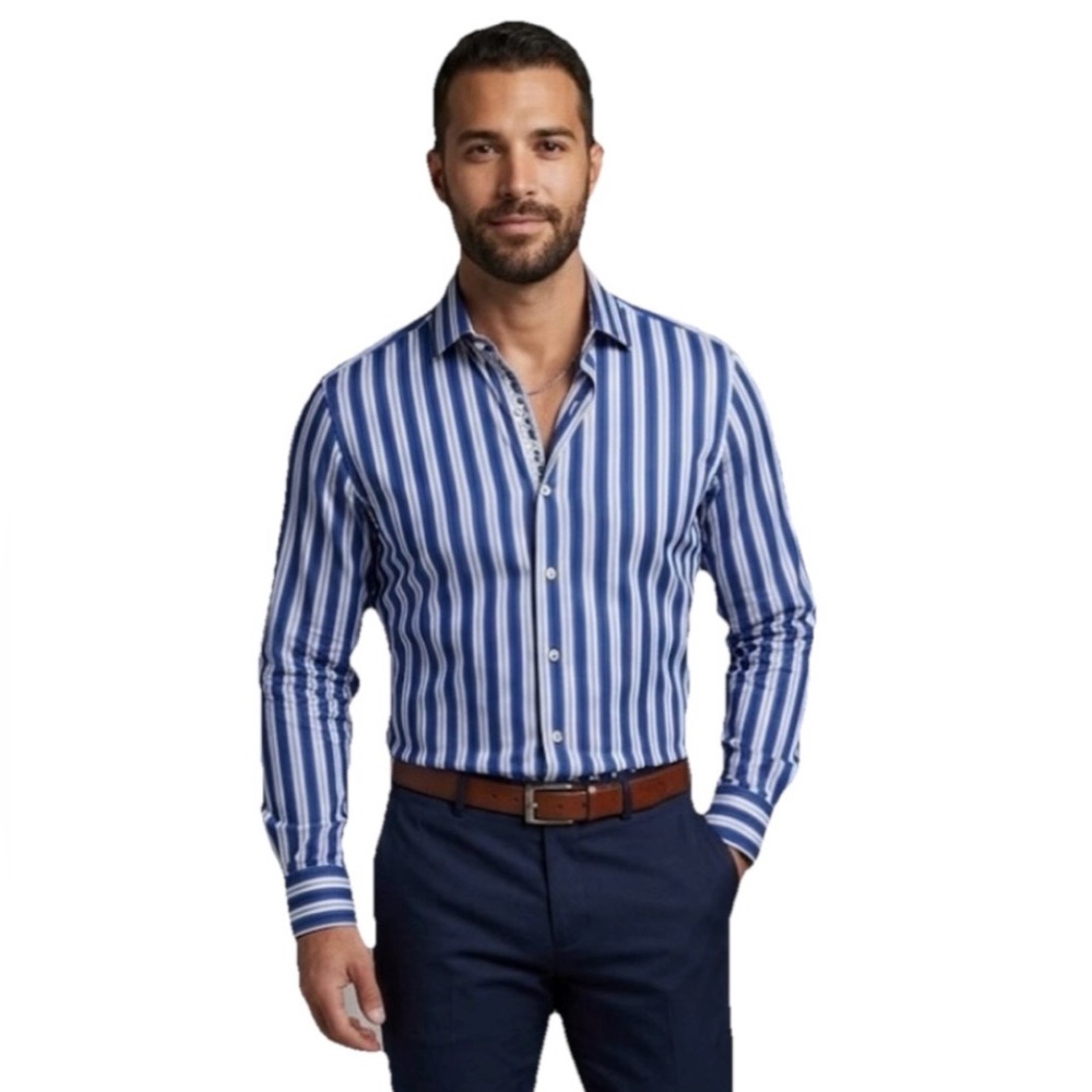 Bugatchi Uomo Shaped Fit Blue & White Stripe Men’s Buttom Down Size Medium